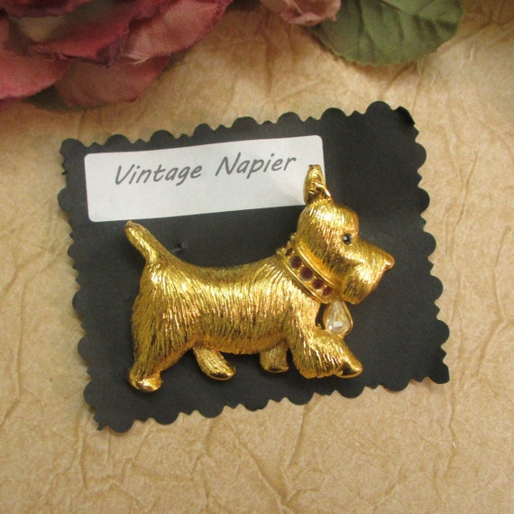 NAPIER Rhinestone Gold Plate Terrier Dog Brooch ~… - image 2