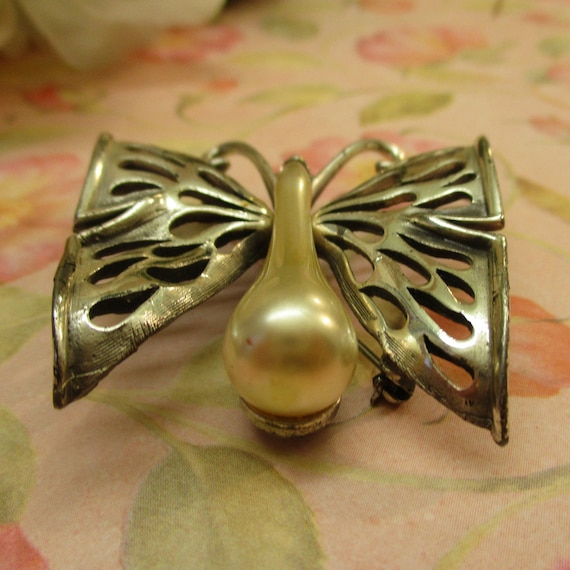 TORTOLANI Butterfly Brooch Pearl Sterling Plate ~… - image 8