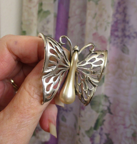 TORTOLANI Butterfly Brooch Pearl Sterling Plate ~… - image 4