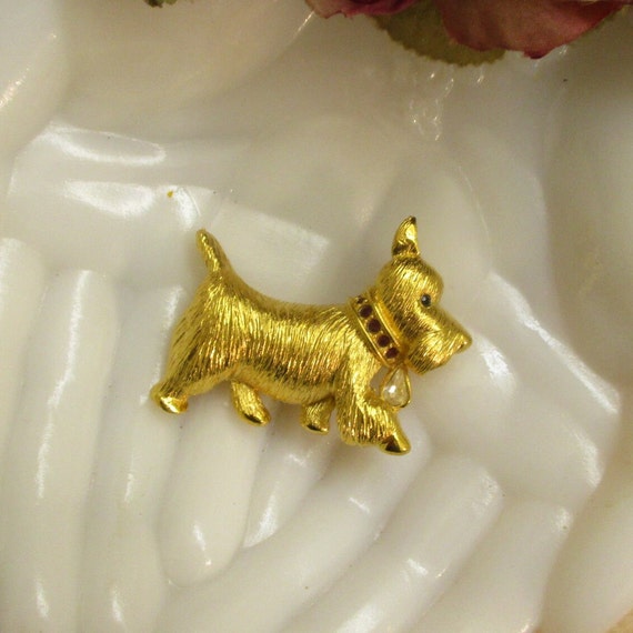 NAPIER Rhinestone Gold Plate Terrier Dog Brooch ~… - image 4