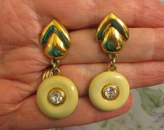 PARK LANE Dangle Earrings ~ VINTAGE Enamel Gold Rhinestone Dangle Drop Earrings ~ Designer Cream Enamel Gold Clear Crystal Pierced Earrings