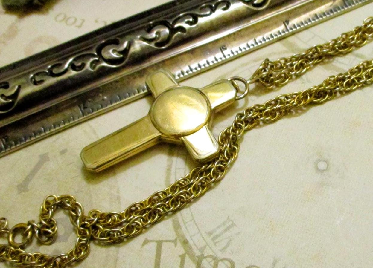 GOTHAM Gold Filled Swiss Cross Watch Necklace~ VINTAGE Mechanical Watch Necklace GOTHAM Gold Filled Swiss Cross Watch Necklace~ VINTAGE  main image 3