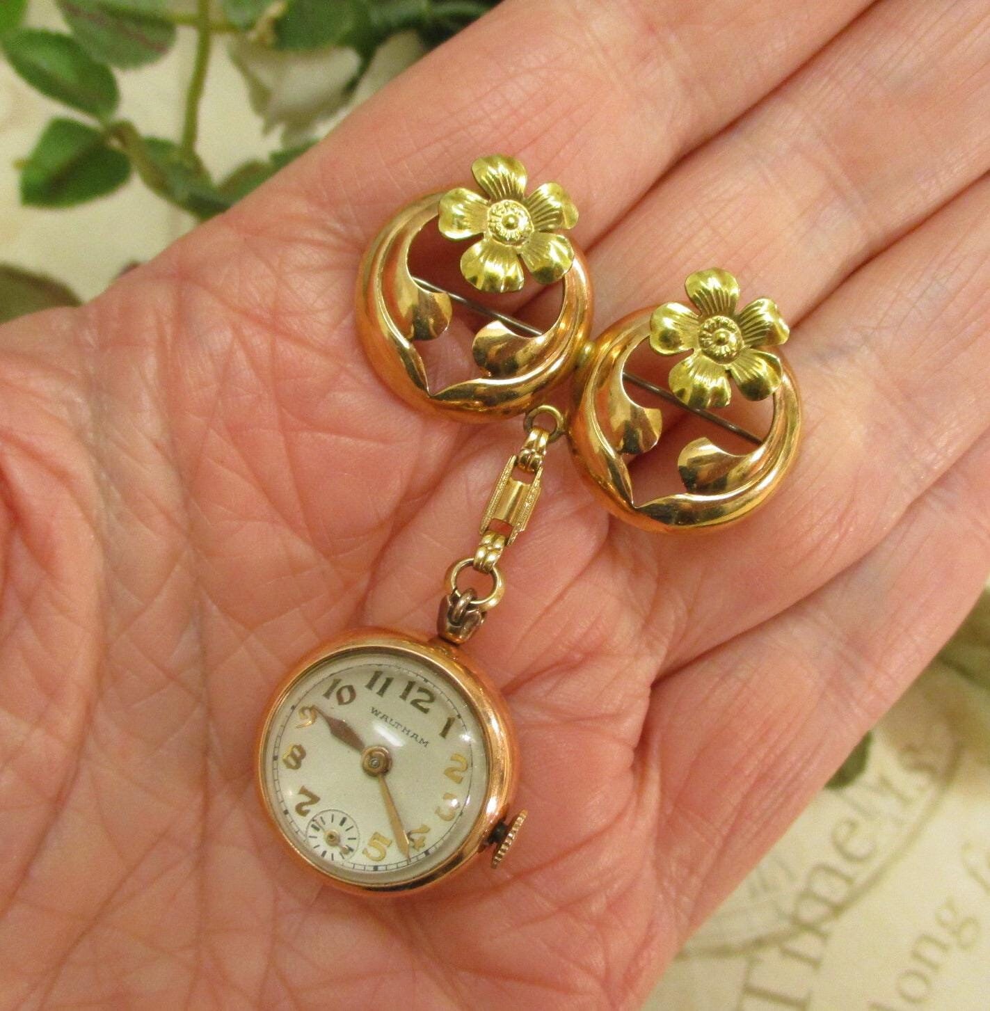 WALTHAM 12KGF Mechanical Watch Brooch for Repair 1940s Dangle