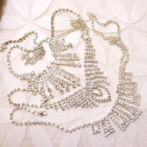 VINTAGE Clear Rhinestone Silver Filled Bib Necklace Lot ~ Three Faceted Hand-Prong Set Rhinestone Bib Dangle Necklace Collection