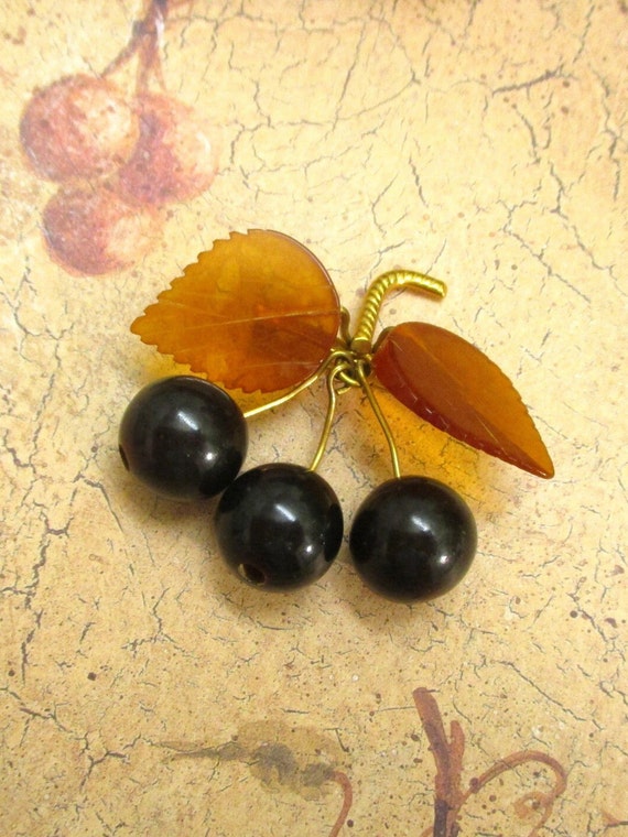 Baltic Amber Cherry Cluster Leaf Brooch ~ Vintage 