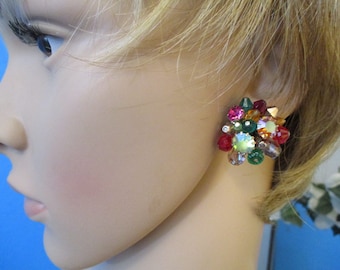 AUSTRIAN CRYSTAL Bead Rhinestone Tutti Frutti Cluster Earrings ~ VINTAGE Fruit Salad High Quality Cluster Clip Earrings ~ 1960 Clip Earrings
