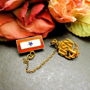WWII Son in Service Navy STERLING Gold Vermeil Guilloche Enamel Brooch ~ Blue Star US Navy Double Pin Chain Brooch~ WW2 Navy Military Brooch