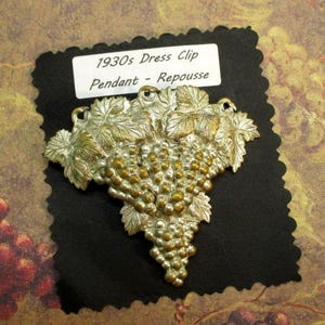 Art Nouveau Grape Cluster Dress Clip: 1930s Silver Repousse Brooch Pendant