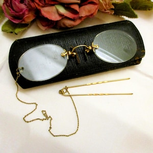 ANTIQUE Pince Nez Glasses with Safety Chain & Case ~ VICTORIAN Gold Glasses and Hair Chain ~ 1880s Eye Glasses Gold Filled Safety Chain Case