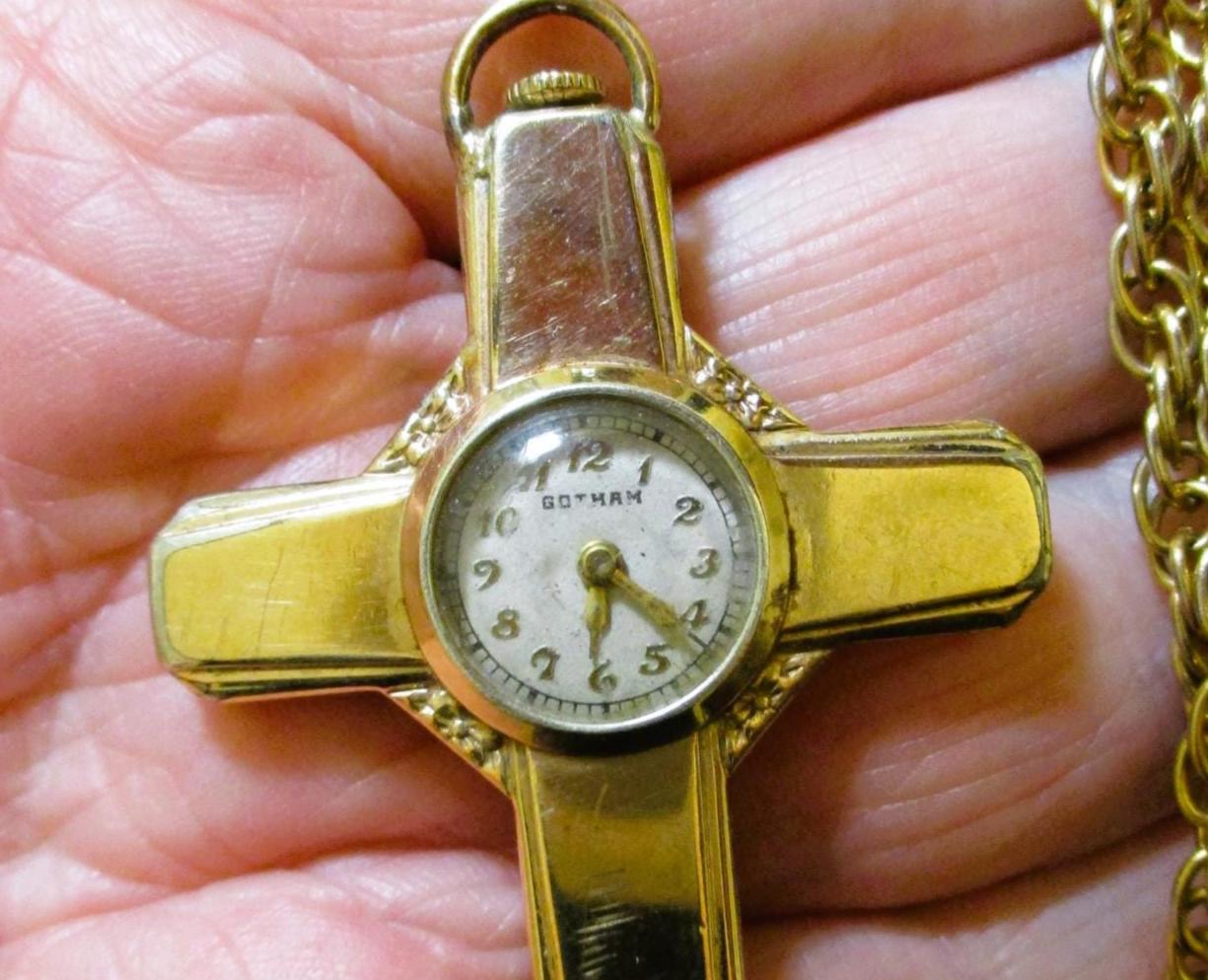 GOTHAM Gold Filled Swiss Cross Watch Necklace~ VINTAGE Mechanical Watch Necklace GOTHAM Gold Filled Swiss Cross Watch Necklace~ VINTAGE  main image 2