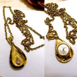 Vintage Clinton Teardrop Watch Necklace: Aurora Borealis Crystal, 17 Jewels