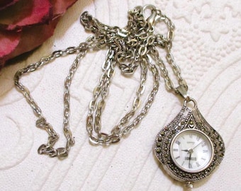 Vintage GITANO Quartz Marcasite Pendant Watch Necklace ~ Mother of Pearl Dial Silver Tone Fashion Watch Timepiece