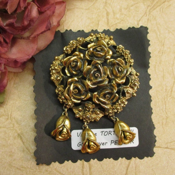 TORTOLANI Antiqued 24K Gold Plate Rose Dangle Bro… - image 2