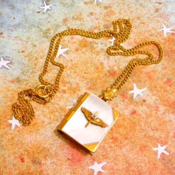 VINTAGE US Army Air Corps Photo Locket Necklace ~ WWII Military Gold Filled Mother of Pearl Book Locket and Necklace Chain ~ Sweetheart