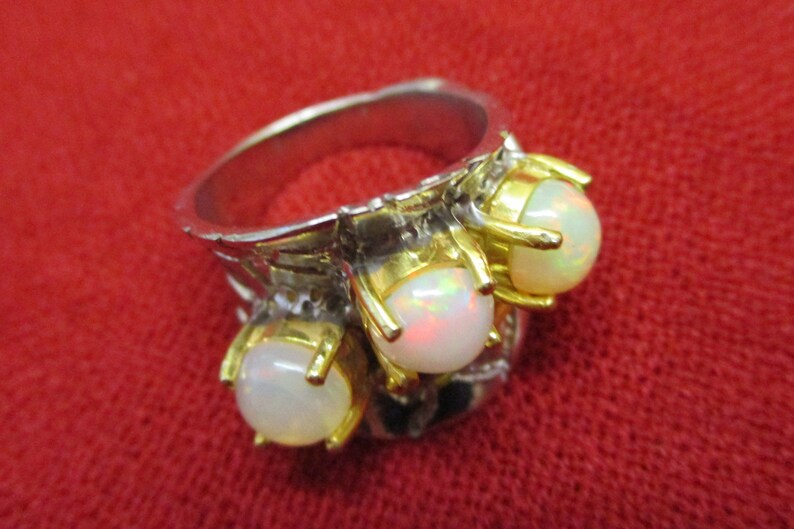 Sterling Opal Statement Ring ~ Vintage Modernist Three Opal Sterling Gold Ring ~ Unique Sterling Vermeil Opal Ring ~ Opal Sterling Gold Ring