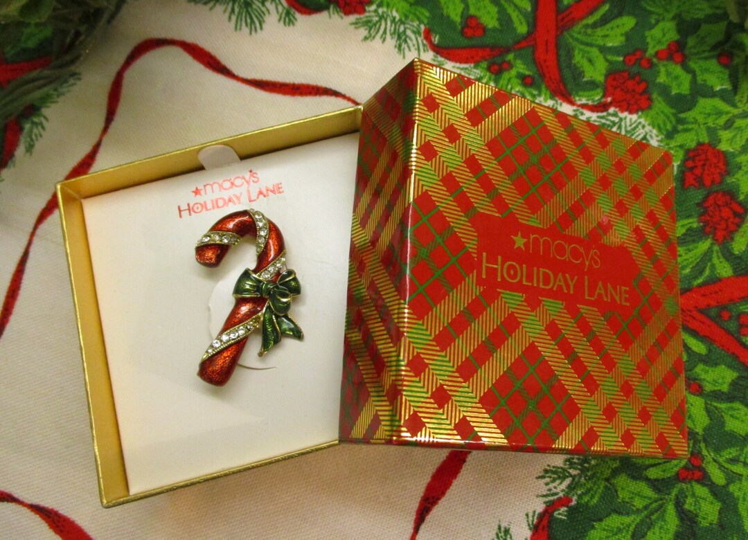 CHRISTMAS Candy Cane Boxed Brooch VINTAGE Rhinestone Enamel Candy Cane