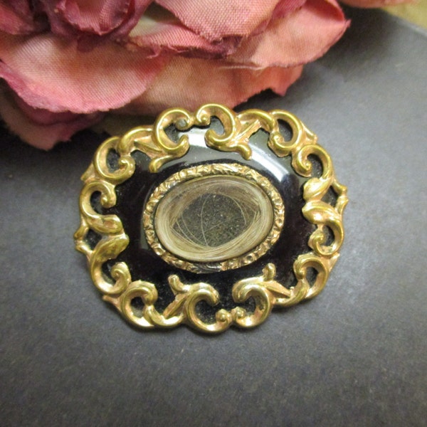 1850s VICTORIAN English Mourning Hair Brooch Pendant ~ ANTIQUE Memento Mori Glass Gold Black Mourning Convertible Brooch ~ Sentiment Brooch