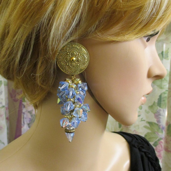 Blue AB Crystal Bead Drop Earrings VINTAGE ~ Stat… - image 1