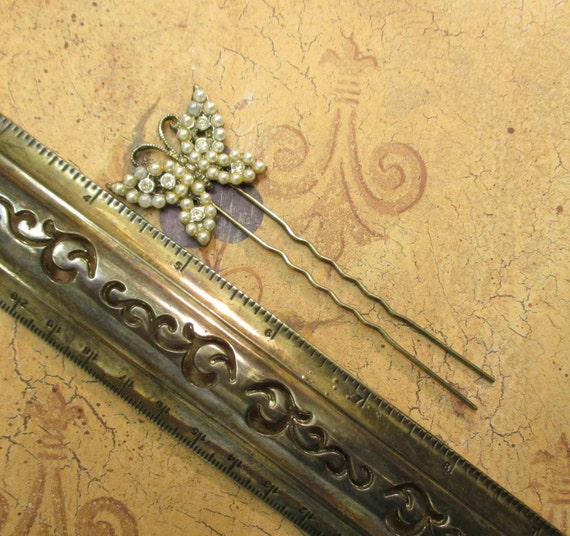 VINTAGE Butterfly Hair Fork ~ Rhinestone Pearl Si… - image 7