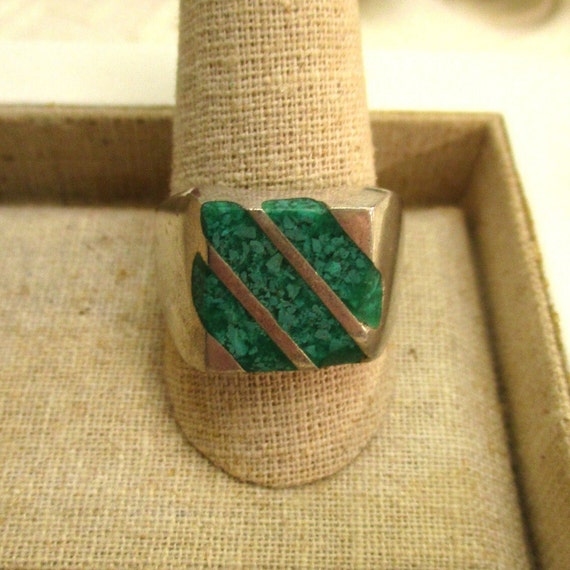 VINTAGE Sterling Green Turquoise Channel Inlay Ri… - image 2