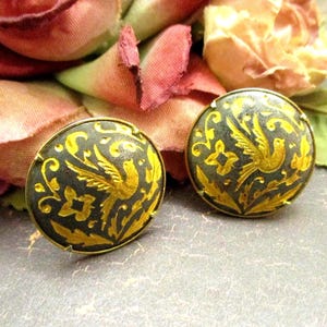 Vintage Damascene Clip Earrings: 24K Gold Inlay Bird & Floral Design, Spain