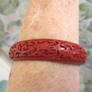 VINTAGE Chinese Carved Red Cinnabar Bangle Bracelet ~ Carved Leaf Vine Lacquer CINNABAR Bracelet ~ Chinese Red Wide Diameter Bangle Bracelet