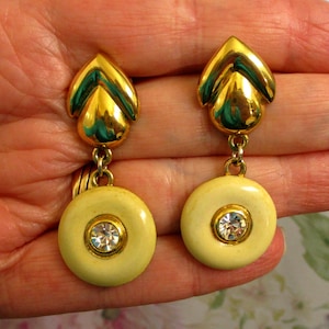Vintage Park Lane Dangle Earrings: Enamel Gold Rhinestone Drop Earrings