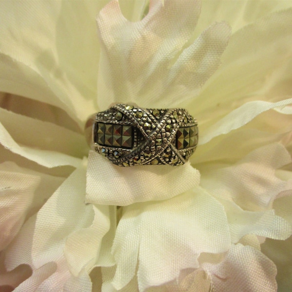 STERLING MARCASITE Ring Signed ~ Art Deco Dimensional Sterling Marcasite Stone Size 8.75 Ring ~ Vintage Estate 925 Marcasite Statement Ring