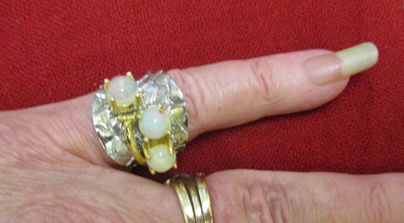 Sterling Opal Statement Ring ~ Vintage Modernist Three Opal Sterling Gold Ring ~ Unique Sterling Vermeil Opal Ring ~ Opal Sterling Gold Ring