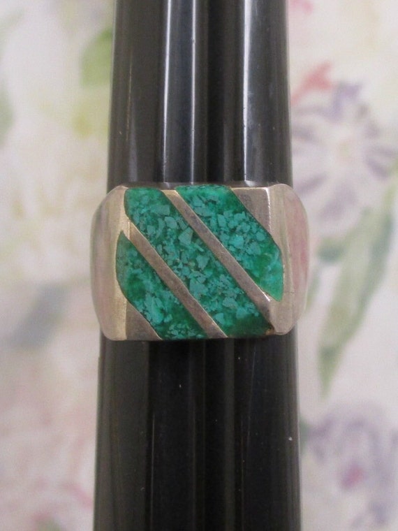 VINTAGE Sterling Green Turquoise Channel Inlay Ri… - image 5