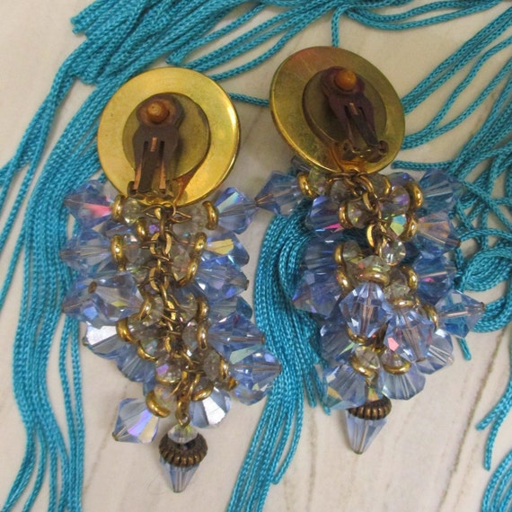 Blue AB Crystal Bead Drop Earrings VINTAGE ~ Stat… - image 10