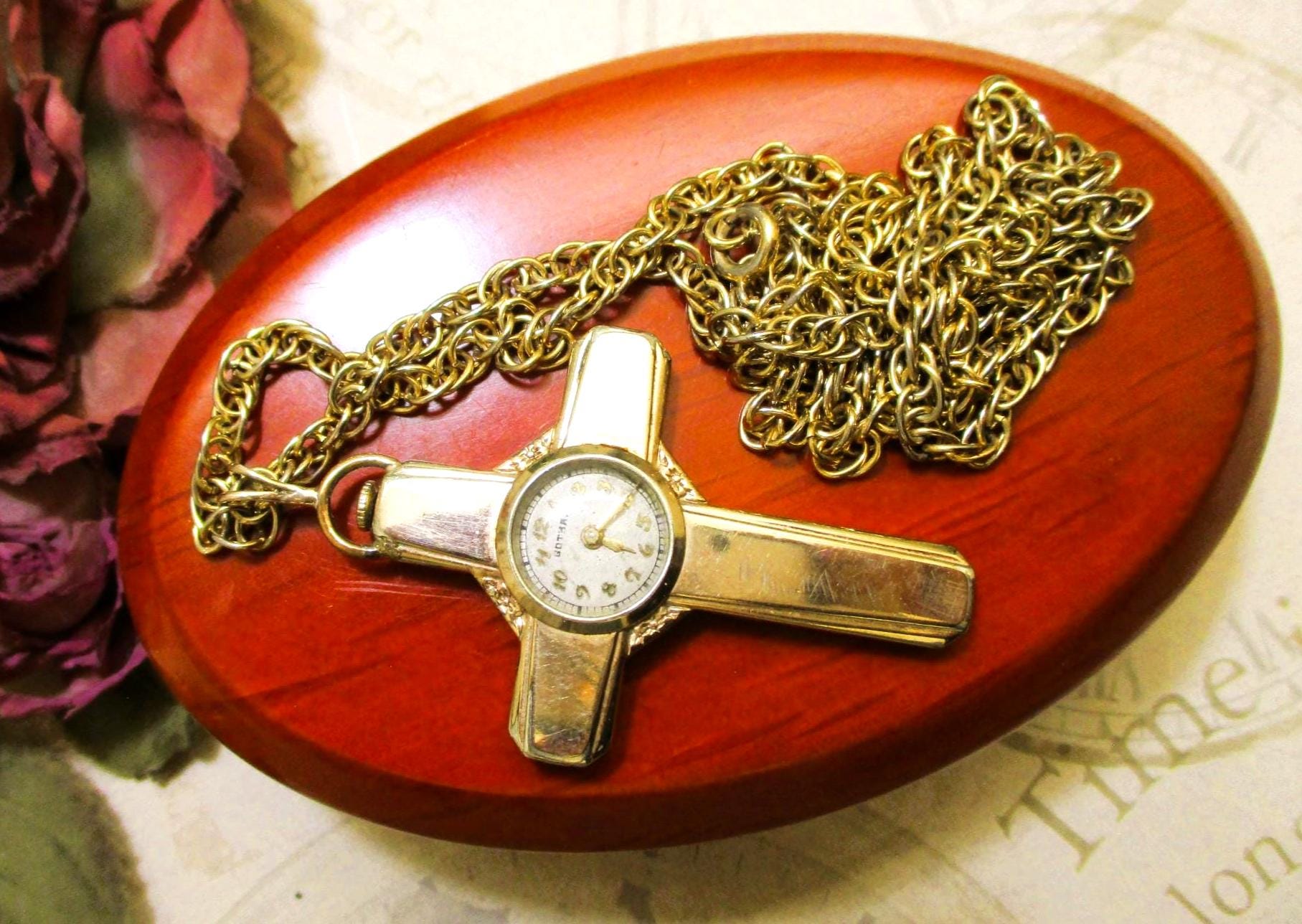GOTHAM Gold Filled Swiss Cross Watch Necklace~ VINTAGE  display picture 1