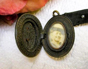 ANTIQUE Gutta Percha Locket Necklace with Photo ~ VICTORIAN Sailor Photo Mourning Locket Grosgrain Ribbon Necklace ~ 1880s Gutta Percha