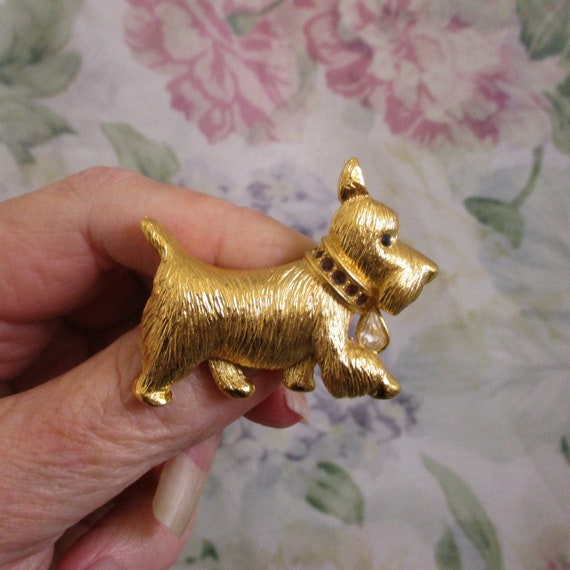 NAPIER Rhinestone Gold Plate Terrier Dog Brooch ~… - image 1