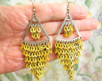 VINTAGE Yellow Chandelier Earrings: Boho Dangle Drop, Silver Tone