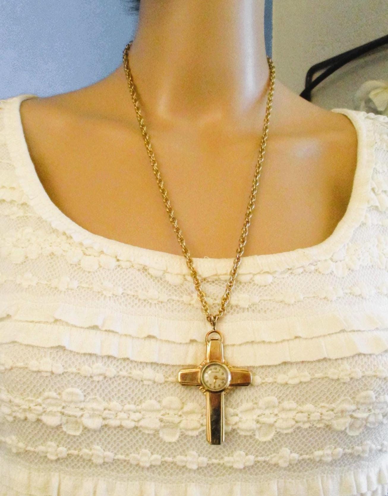 GOTHAM Gold Filled Swiss Cross Watch Necklace~ VINTAGE Mechanical Watch Necklace GOTHAM Gold Filled Swiss Cross Watch Necklace~ VINTAGE  main image 4