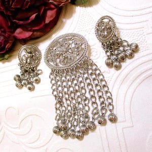 Vintage SARAH COVENTRY Jewelry Set: Silver "Fashion In Motion" Dangle Brooch Earrings ~ DESIGNER Jewelry Book Piece