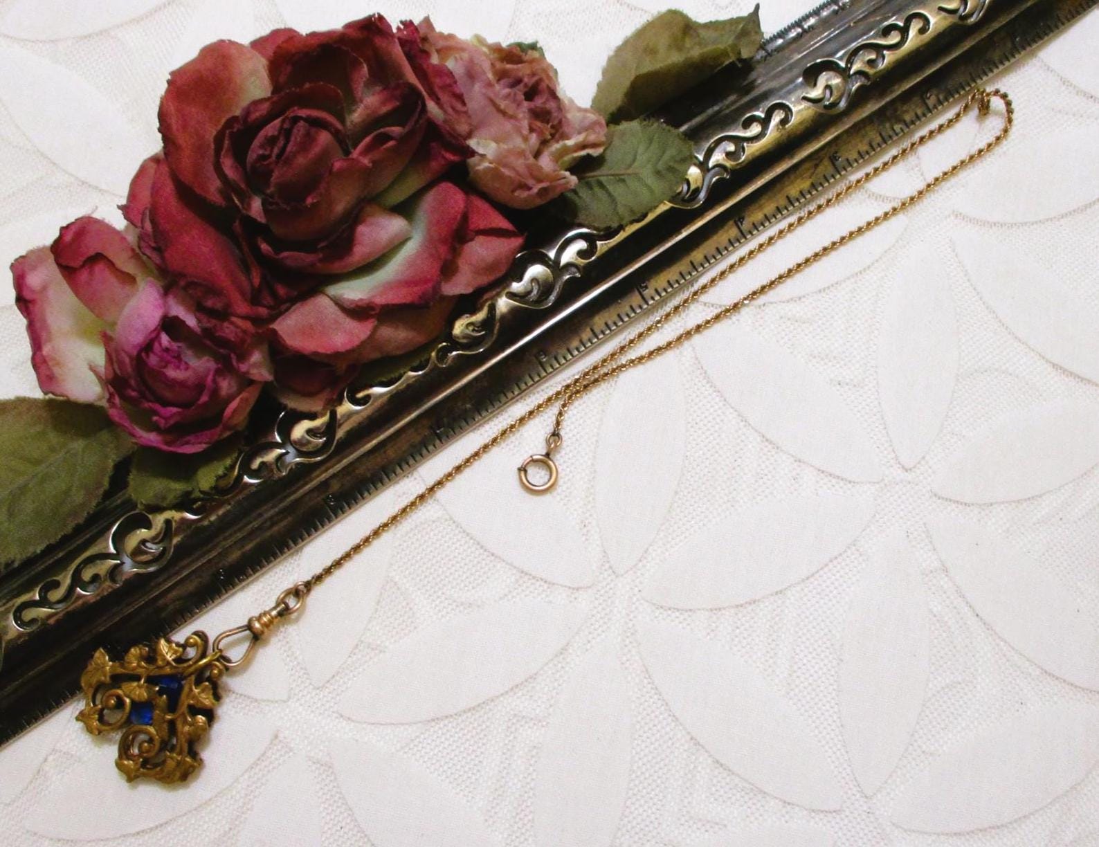 ANTIQUE Simmons Watch Chain and Ornate Fob – 12K GOLD FILL Late