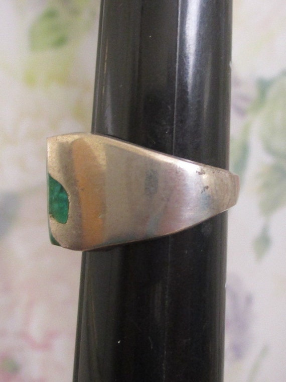 VINTAGE Sterling Green Turquoise Channel Inlay Ri… - image 6