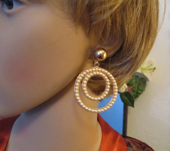 BERGERE Dangle Hoop Earrings VINTAGE Pearl Gold Double Hoop 
