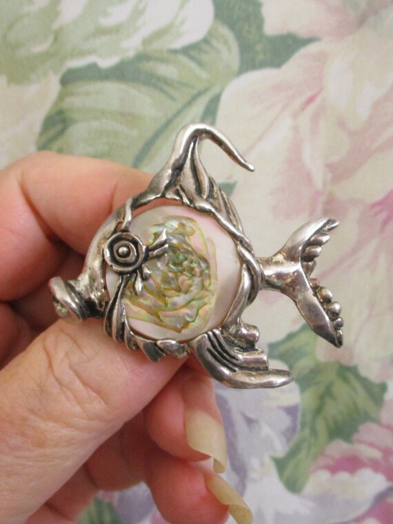 CYVRA STERLING Abalone Fish Brooch ~ VINTAGE Ster… - image 3