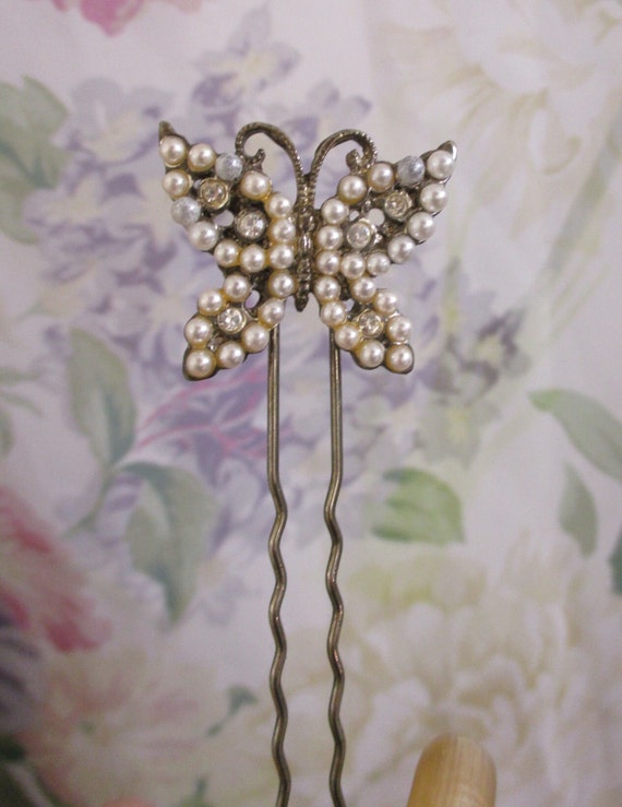 VINTAGE Butterfly Hair Fork ~ Rhinestone Pearl Si… - image 5