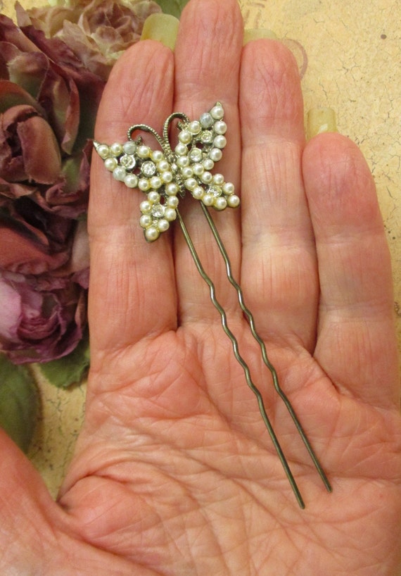 VINTAGE Butterfly Hair Fork ~ Rhinestone Pearl Si… - image 3