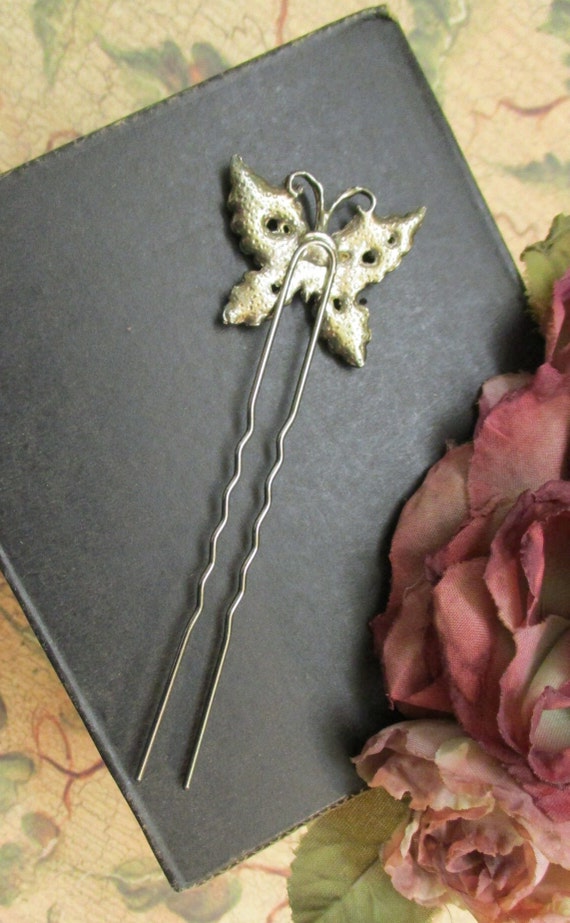 VINTAGE Butterfly Hair Fork ~ Rhinestone Pearl Si… - image 10