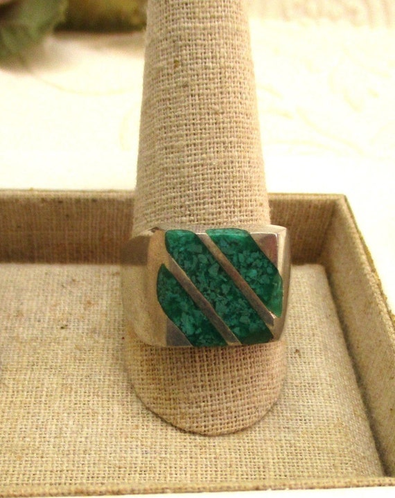 VINTAGE Sterling Green Turquoise Channel Inlay Ri… - image 8