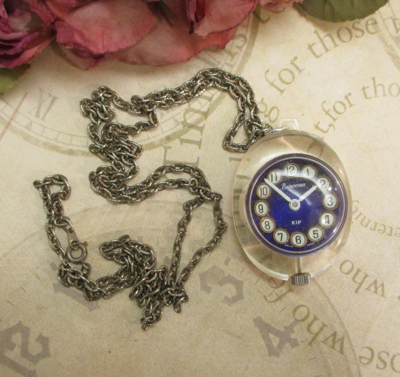 BERCONA Swiss Lucite Mechanical Watch Necklace Mid Century Modern Blue Clear Exhibition Watch Pendant Necklace VINTAGE Wind up Watch Etsy