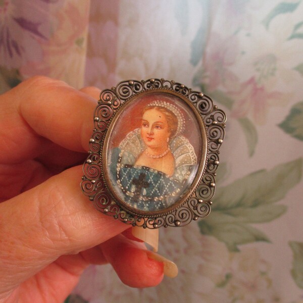 Antique 800 Silver Hand Painted Cameo Brooch ~ Renaissance Tudor Painted Italian Woman Portrait Convertible Brooch Pendant ~ European Brooch