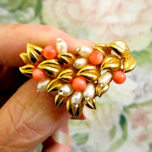Vintage Gold Floral Brooch: Coral, Pearl, Rhinestone Statement Jewelry