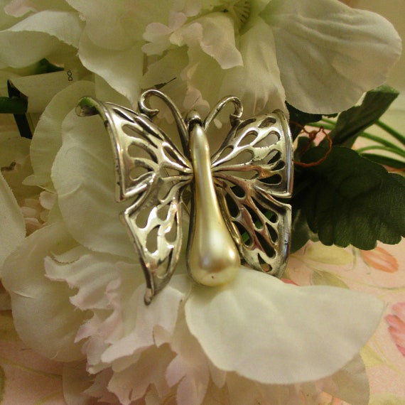 TORTOLANI Butterfly Brooch Pearl Sterling Plate ~… - image 1