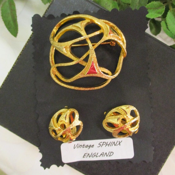 SPHINX Gold Plate Atomic Age Brooch Earrings Set … - image 4